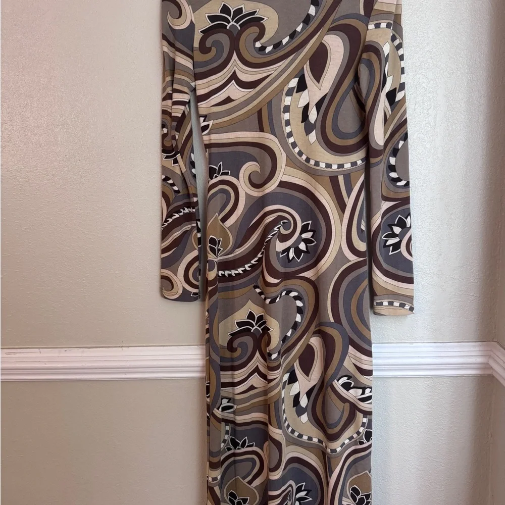Zara Elegant Brown Patterned Long Sleeve Dress Medium - Picture 5 of 8